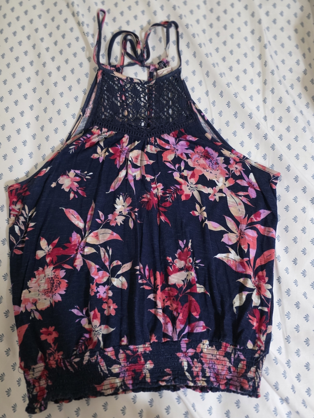 Cape Juby Navy Floral Crochet Halter Tank